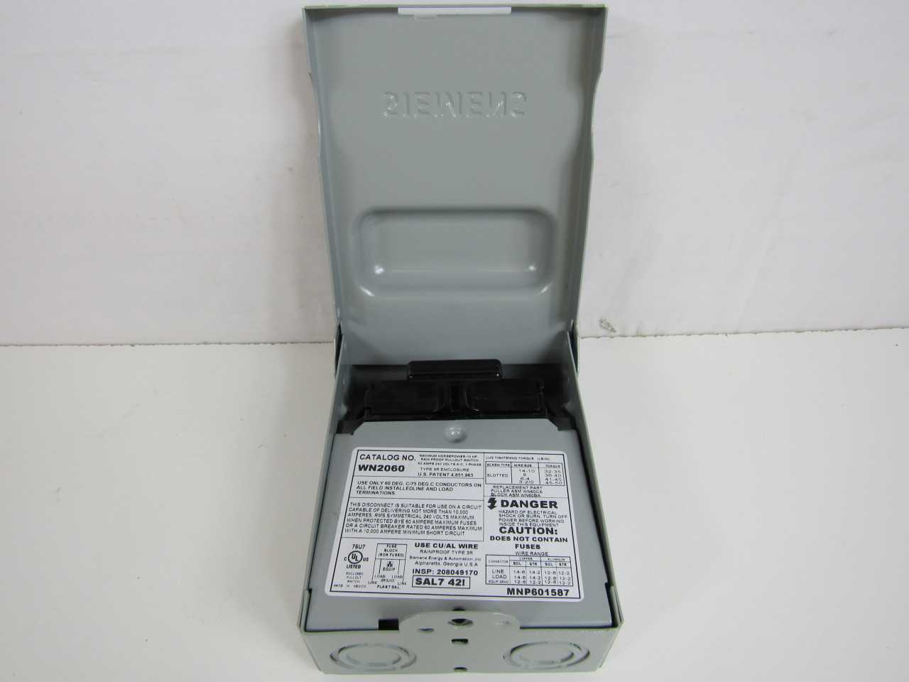 Lot of Qty 155x Siemens WN2060 Disconnect Switch Pullout Type 60A 240VAC 1Ph Non Fusible 2Wire NEMA Type 3R - DISCONNECT SWITCHES