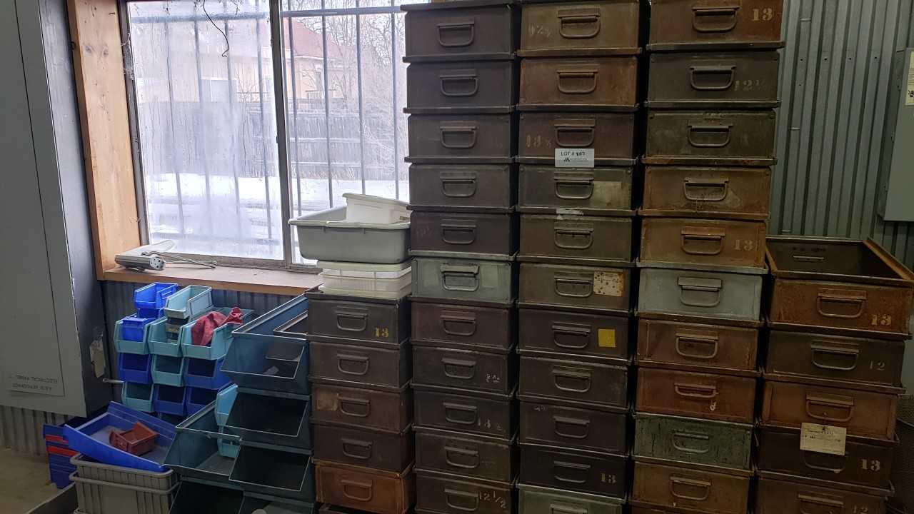 (61) Metal Storage Containers (Stackable) & Miscellaneous Plastic Shop Trays - TOOL STORAGE