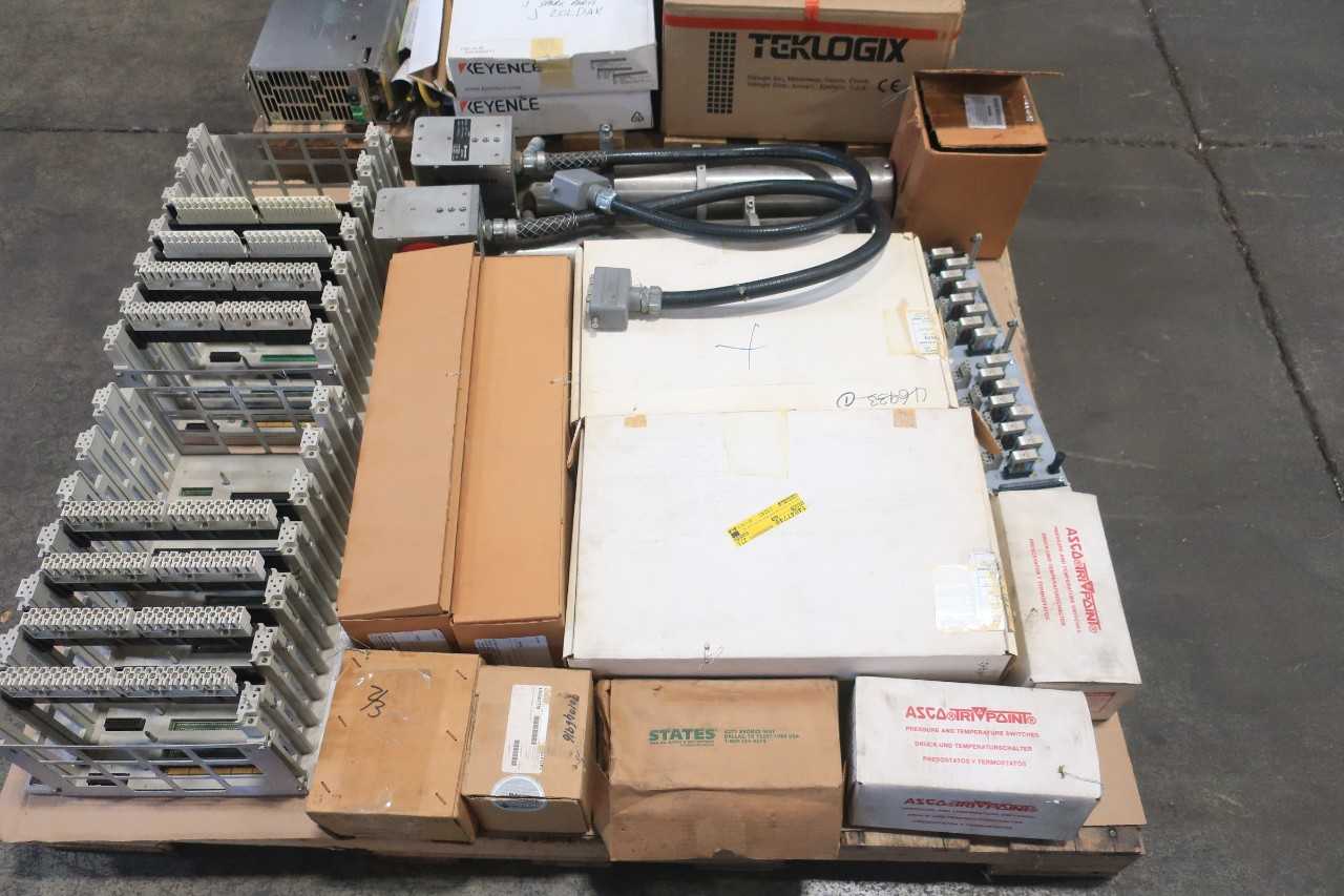 2 PALLETS OF ASSORTED ELECTRICAL PRESSURE SWITCH, CIRCUIT BOARD, ENCODER CONTROLS, RACK CONTROLS, LASER HEAD CONTROLS, SERVO DRIVE,CORDSET CABLE- UNITED ELECTRIC, WESTINGHOUSE, SUMTAK, INDUSTRIAL DYNAMICS, DOMINO, PHOENIX CONTACT, INDRAMAT, ABB, AEG MODIC - ELECTRICAL COMPONENTS