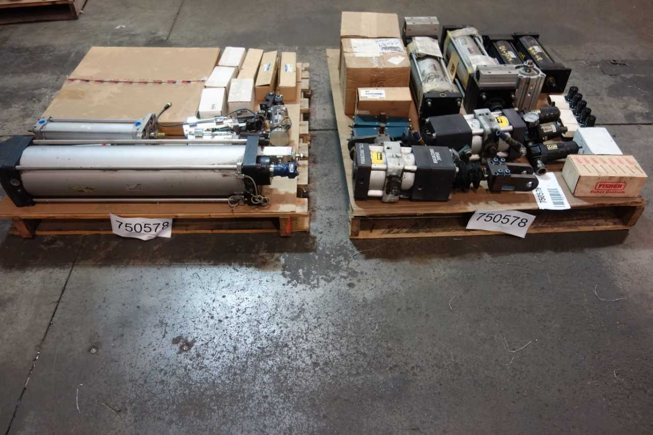 2 PALLETS OF ASSORTED PNEUMATIC VALVES, CYLINDERS, REGULATORS, ACTUATORS, FILTERS- PARKER, SMC, WESTWOOD, TRICO - VALVES