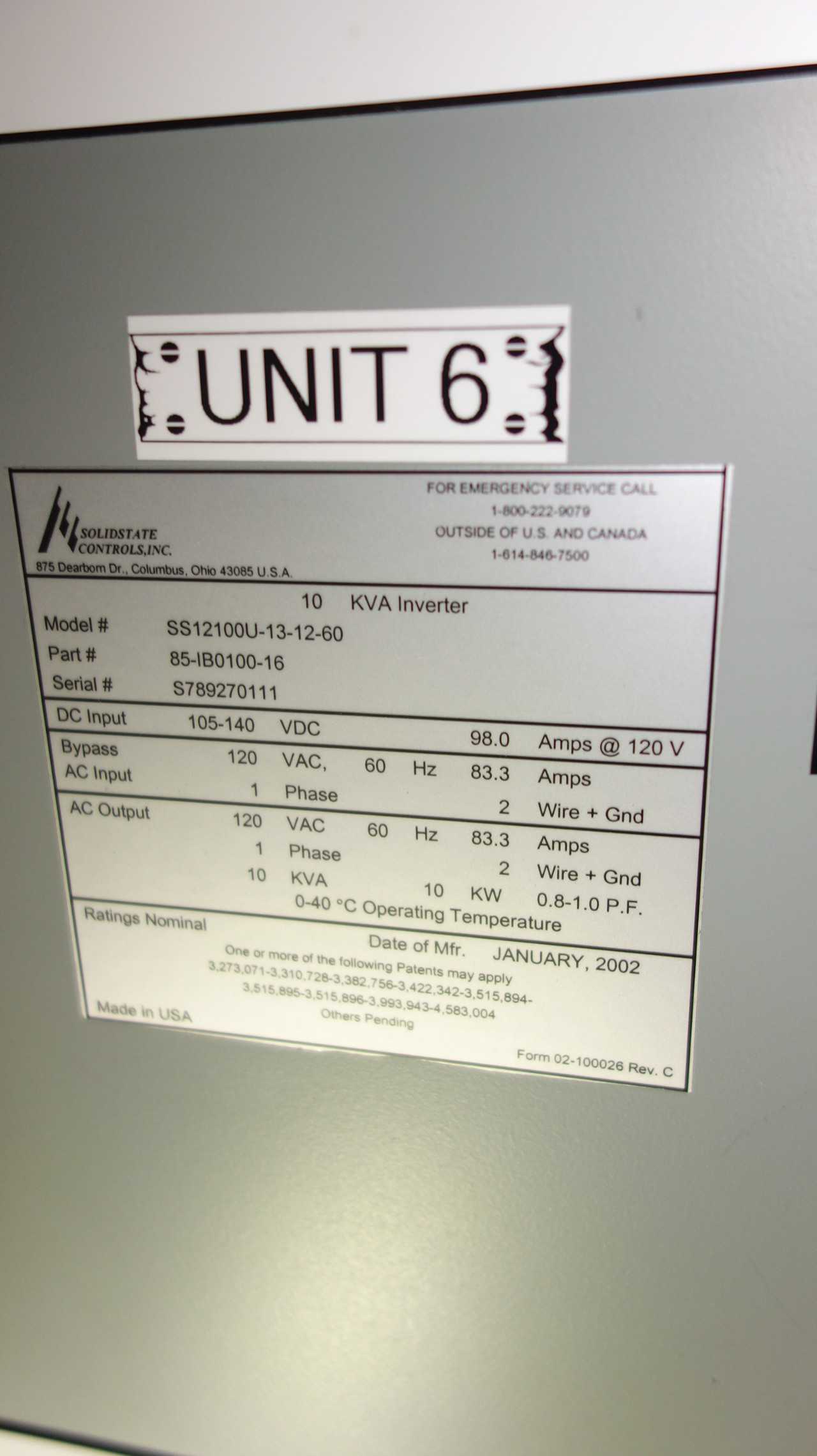 LOT OF 2 SOLIDSTATE SS12100U-13-12-60 10 KVA INVERTERS - ELECTRICAL COMPONENTS