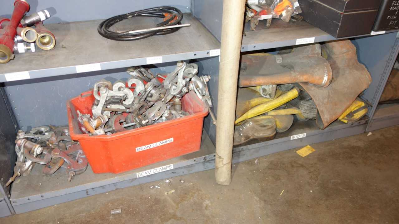 CONTENTS OF 2 SHELF COLUMNS, ASSORTED TOOLS, REPLACEMENT PARTS, SAFETY EQUIPMENT - SAFETY EQUIPMENT