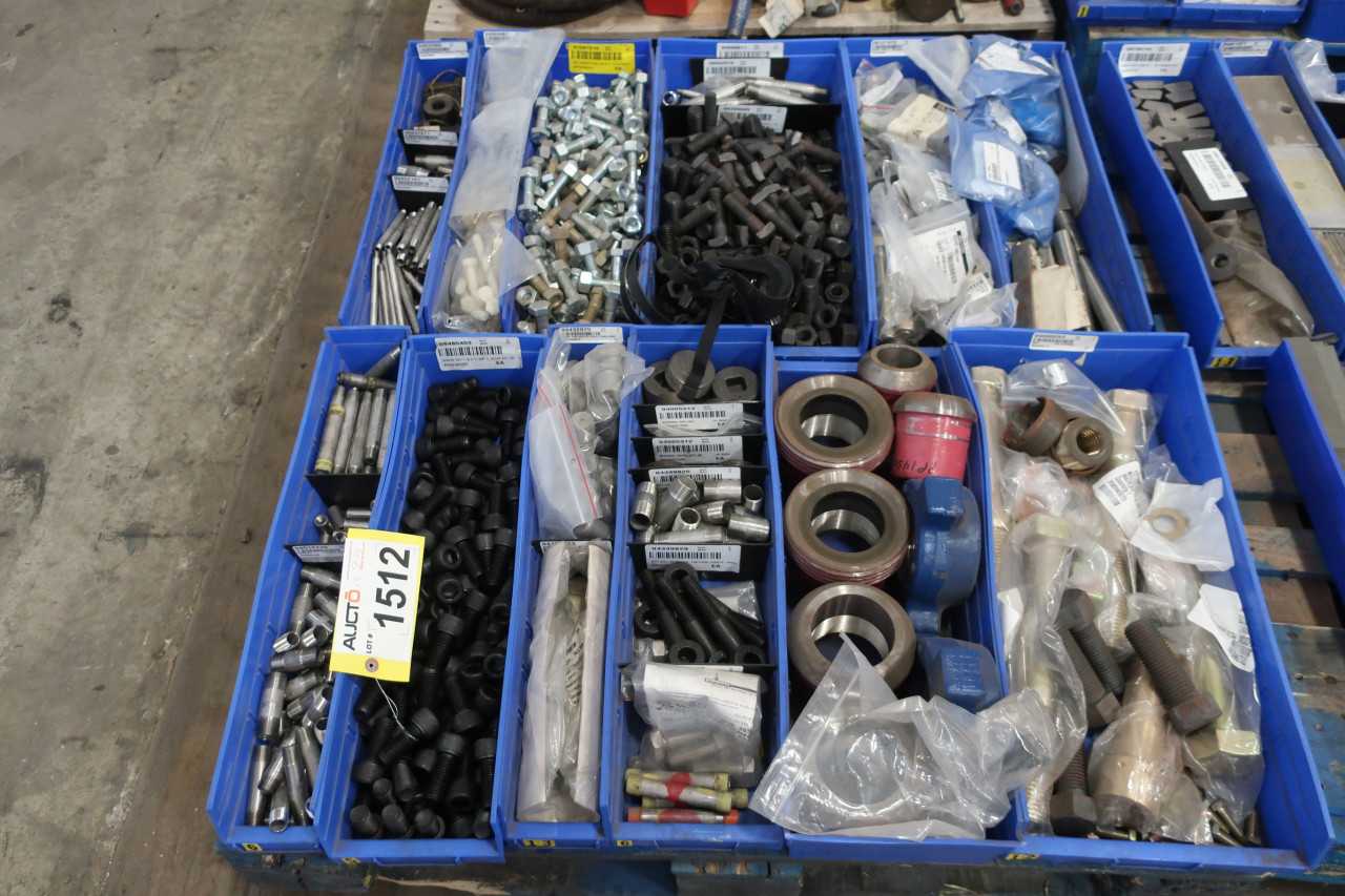 6 PALLETS OF ASSORTED HARDWARE BOLTS FITTINGS NUTS ANCHORS BUSHINGS BRACKETS - MISCELLANEOUS