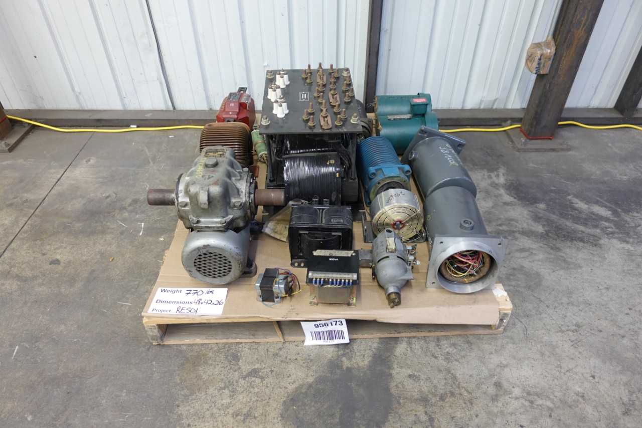 PALLET OF ASSORTED TRANSFORMERS AND MOTORS, PARTS ONLY - CONTROL TRANSFORMERS