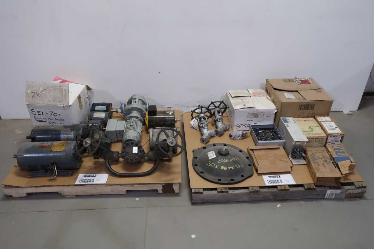 2 PALLETS OF ASSORTED AC MOTORS, RELAYS, PUMPS, SOLENOID VALVE, POWER SUPPLY - ELECTRICAL COMPONENTS