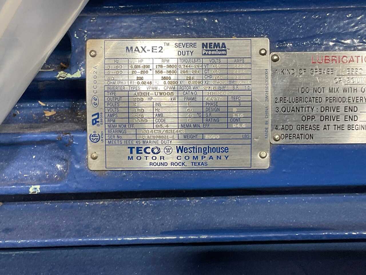 Teco/ Westinghouse Motor 200 hp, 460VAC - ELECTRIC MOTORS