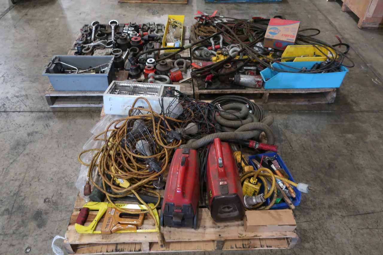 3 PALLETS OF ASSORTED TOOLS SAWS CLEVIS WRENCHES STRAPS HOISTS - ELECTRIC POWER TOOLS