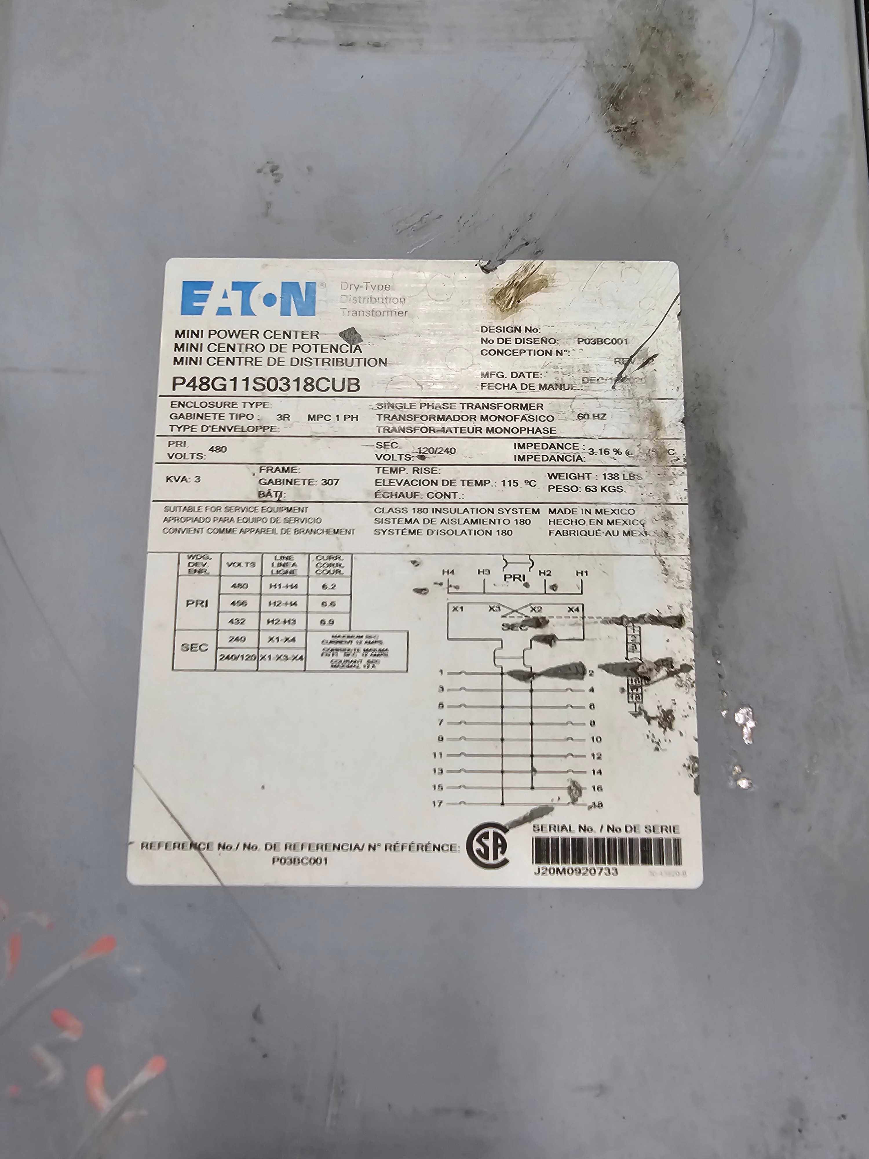 EATON P48G11S0318CUB MINI POWER CENTER TRANSFORMER/PANEL - POWER TRANSFORMERS