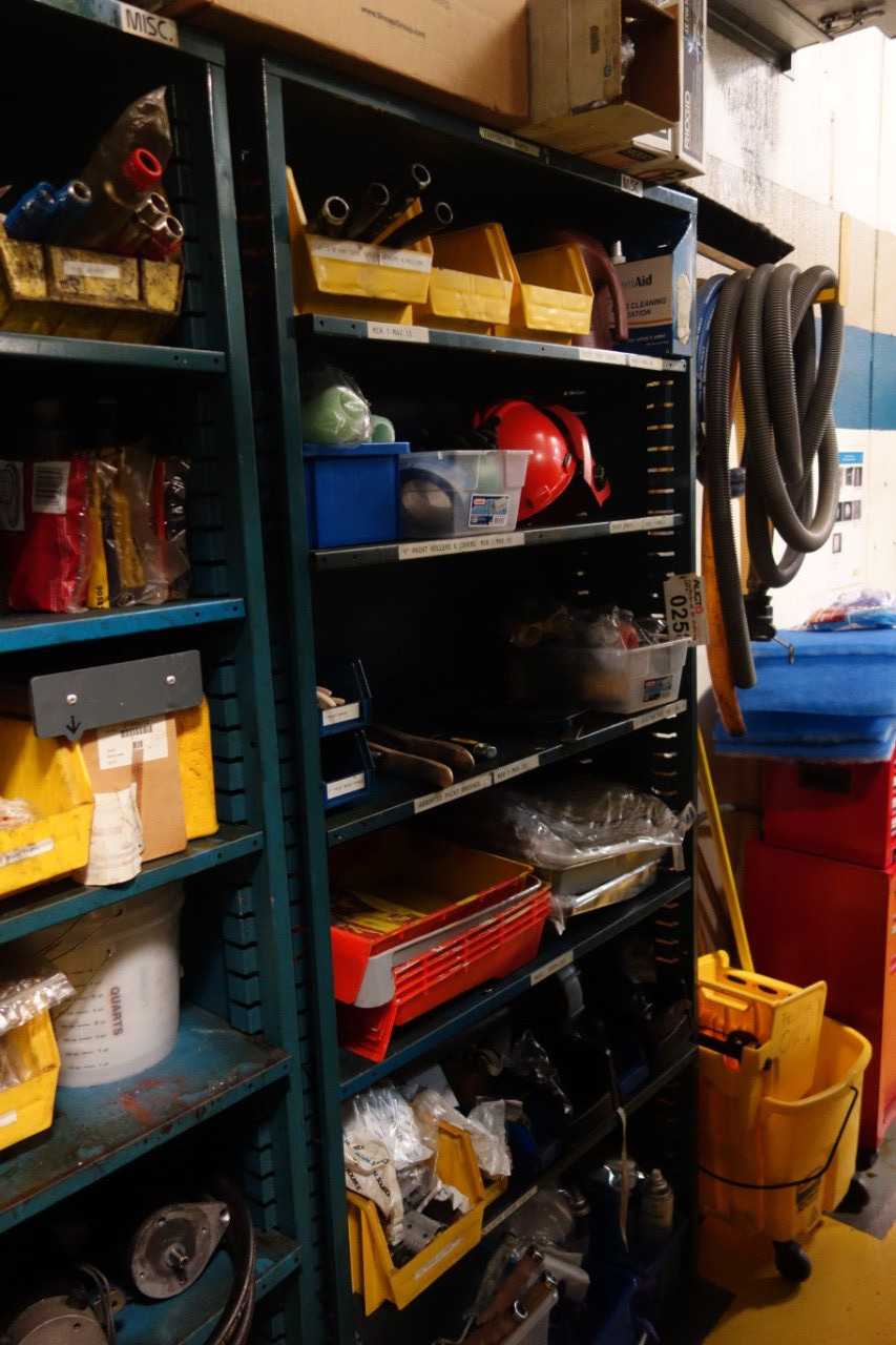 Contents of 2x sections shelving with cleaning/safety supplies. Excludes any Tenant parts. - SHELVING