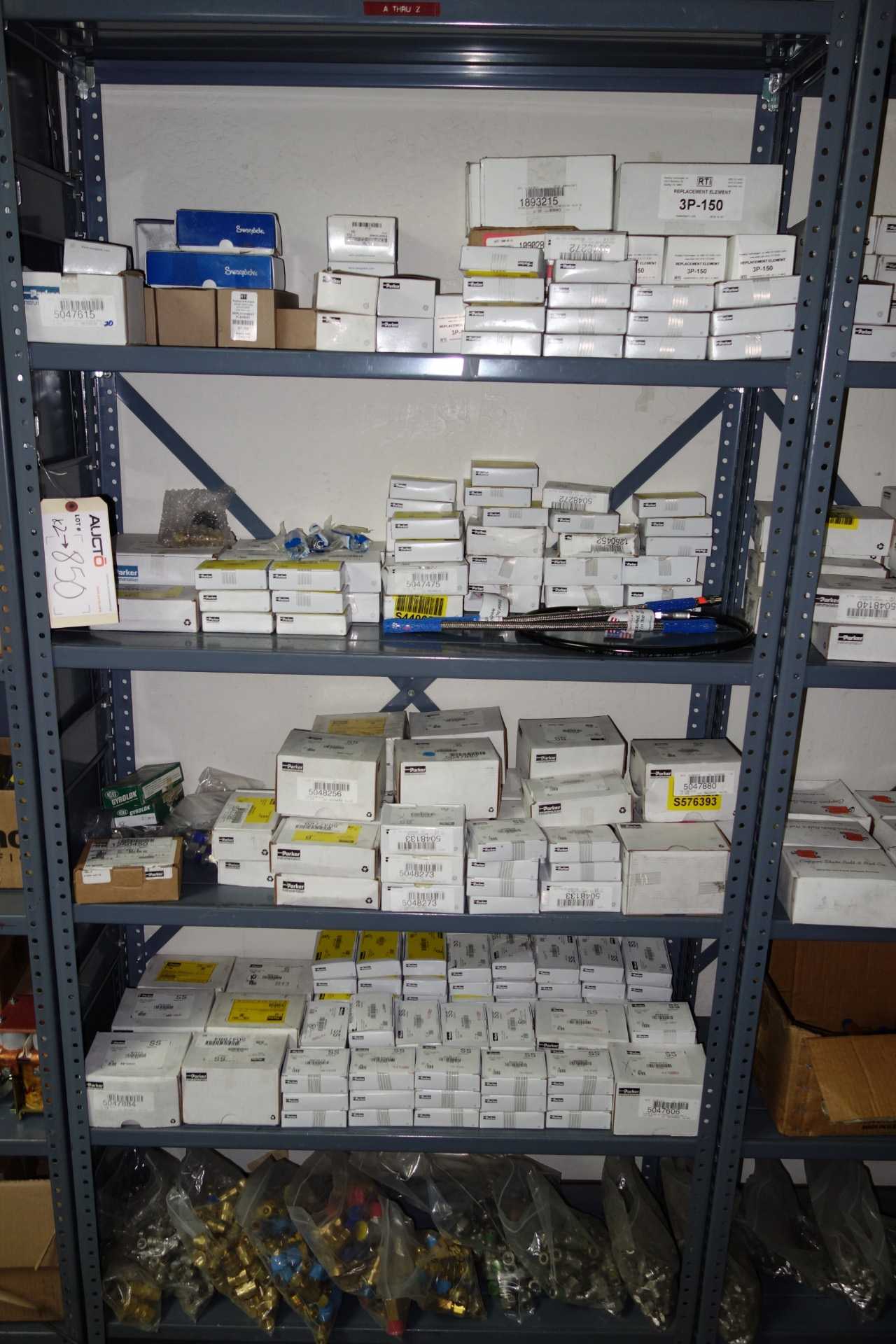 Lot of 2 Shelving Sections, Contents Only - Parker, Swagelok Brass and Stainless Instrumentation Fittings - INDUSTRIAL PARTS