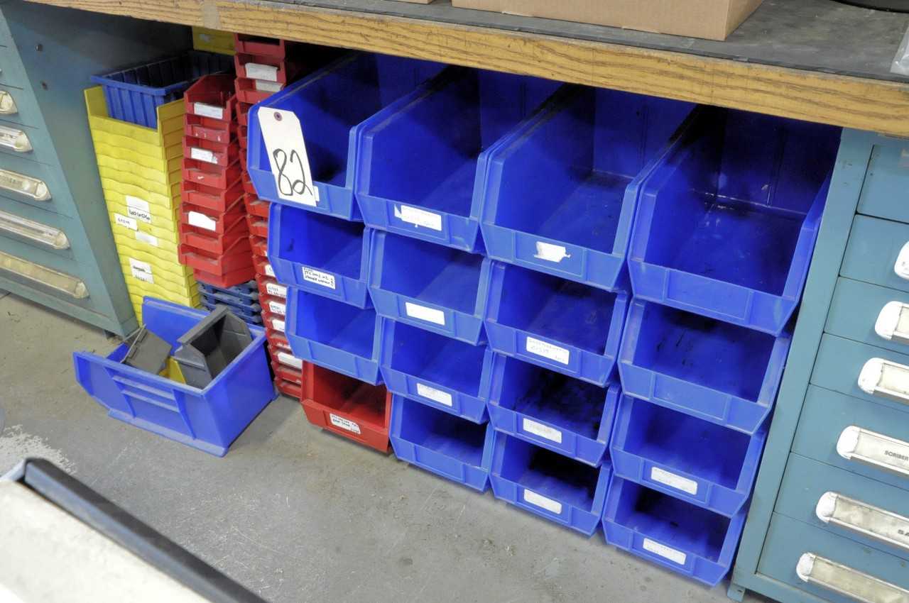 Lot-Plastic Parts Bins and Totes Under (1) Bench - MATERIAL HANDLING