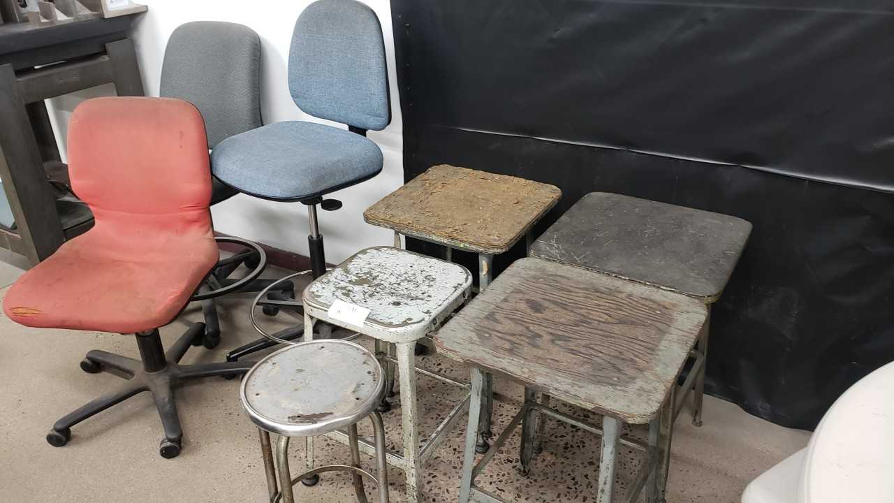 (3) Rolling Chairs, (3) Wooden Stools, (2) Metal Stools - PLANT & FACILITY