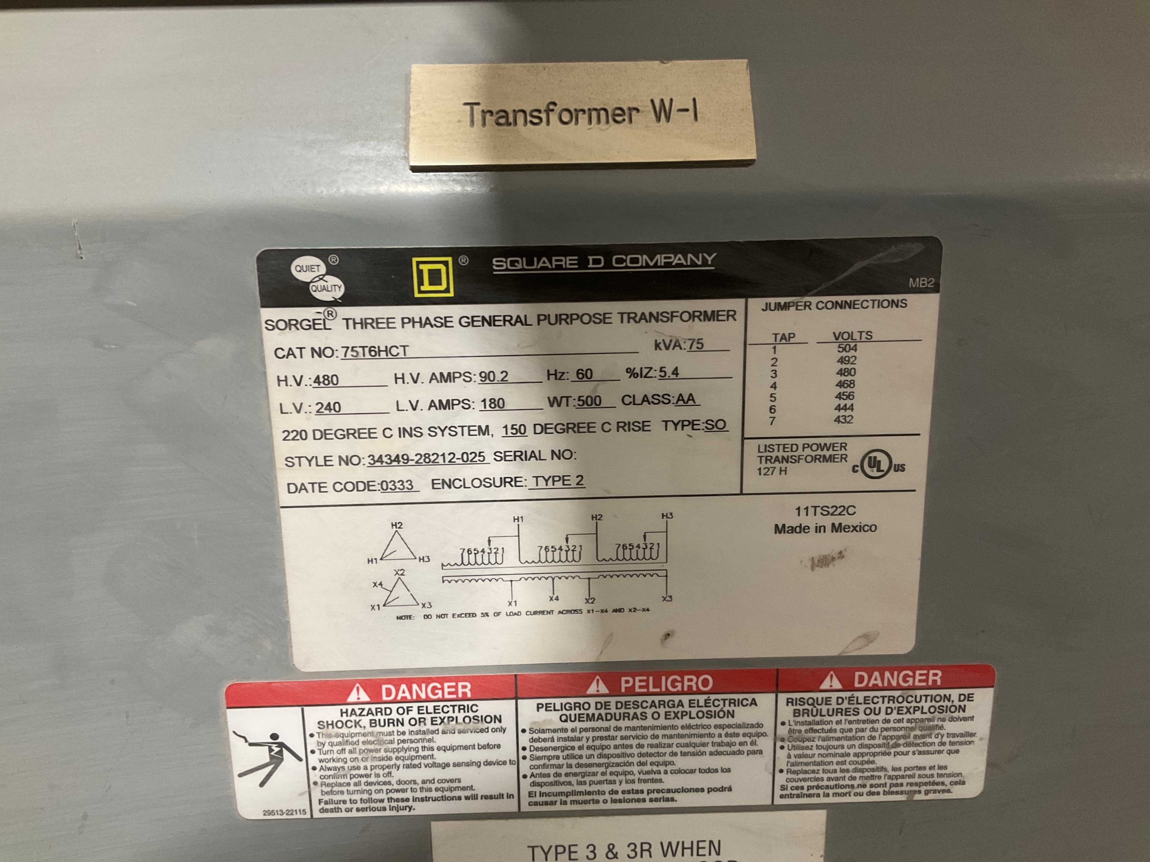 QTY 2- SQUARE D 150T3H TRANSFORMER WITH CONTROL CABINET - POWER TRANSFORMER