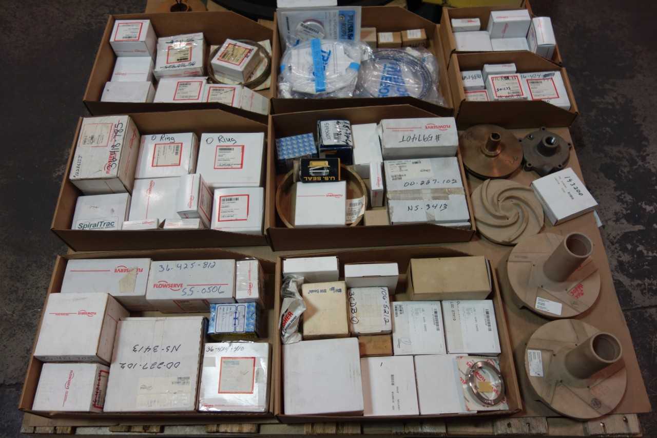 2 PALLETS OF ASSORTED PUMP PARTS AND & ACCESSORIES, LINER INSERT REPLACEMENT PARTS- FLOWSERVE, CHESTERTON - PUMPS