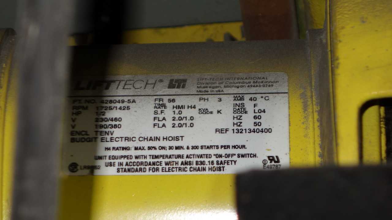 LOT OF 2 BUDGIT 2 TON ELECTRIC CHAIN HOIST 1/2HP 460V - LIFTING EQUIPMENT