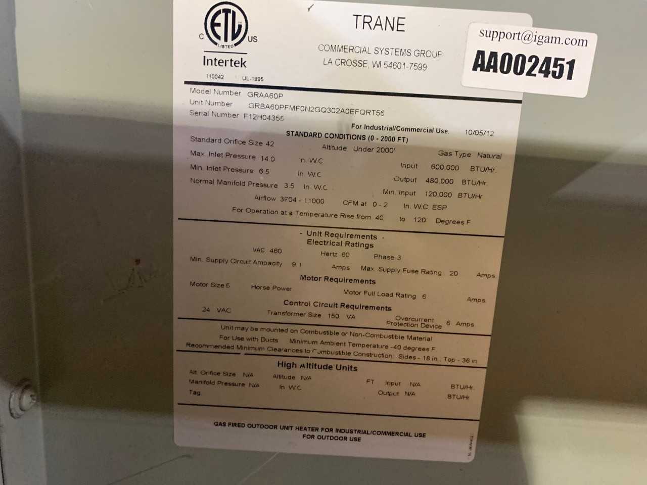 TRANE GRAA60P COMMERCIAL HEATER UNIT - AIR CONDITIONER