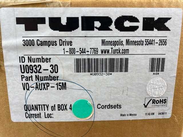 Box of 4 TURCK ID Number U0932-30 P/N VQ-AUXP-15M Cables- New Open Box Item - ELECTRICAL COMPONENTS