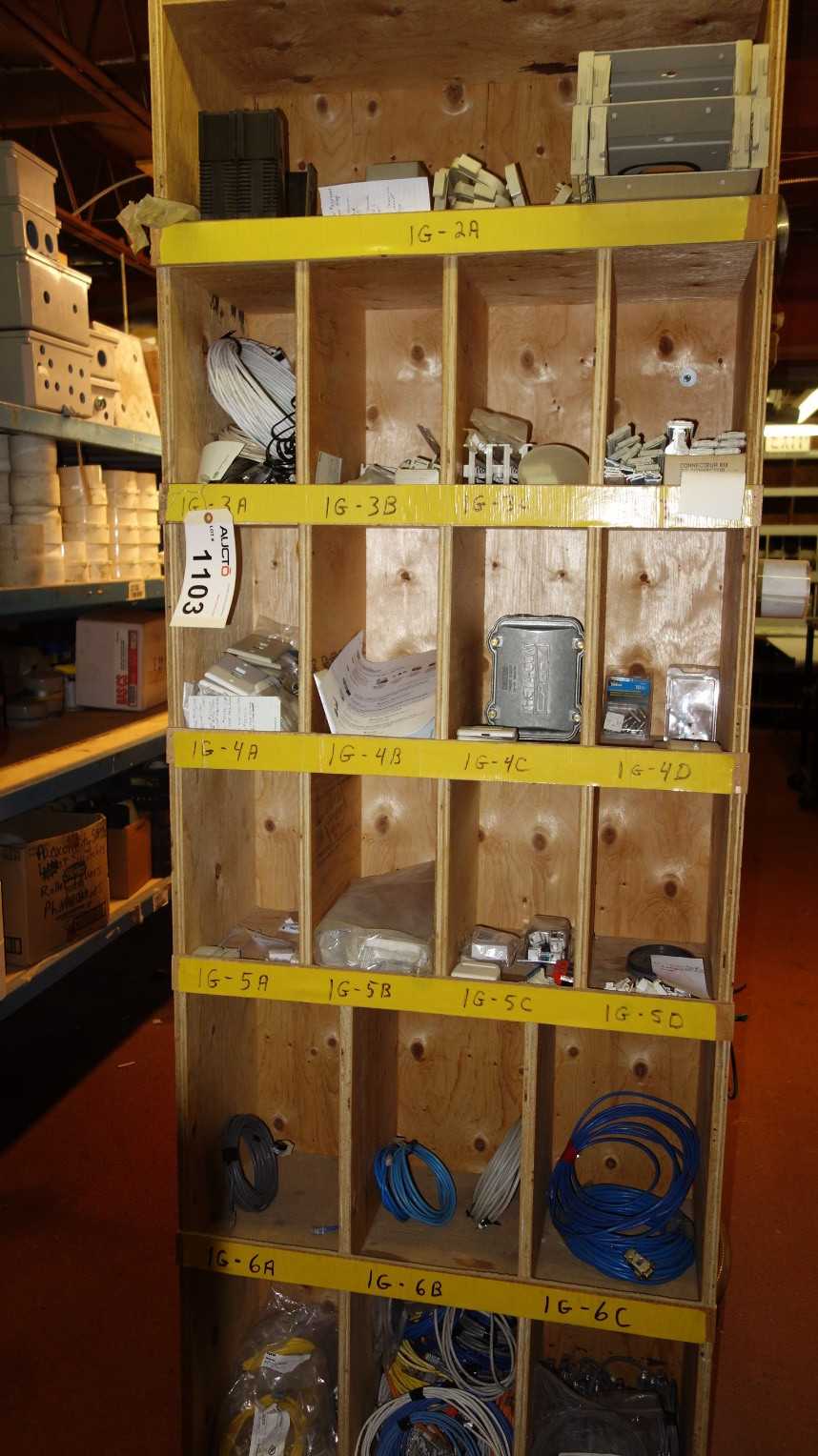CONTENTS OF PIGEON HOLE CABINET, ASSORTED ELECTRICAL COMPONENTS, CABLES, COVERS, TERMINALS - ELECTRICAL COMPONENTS