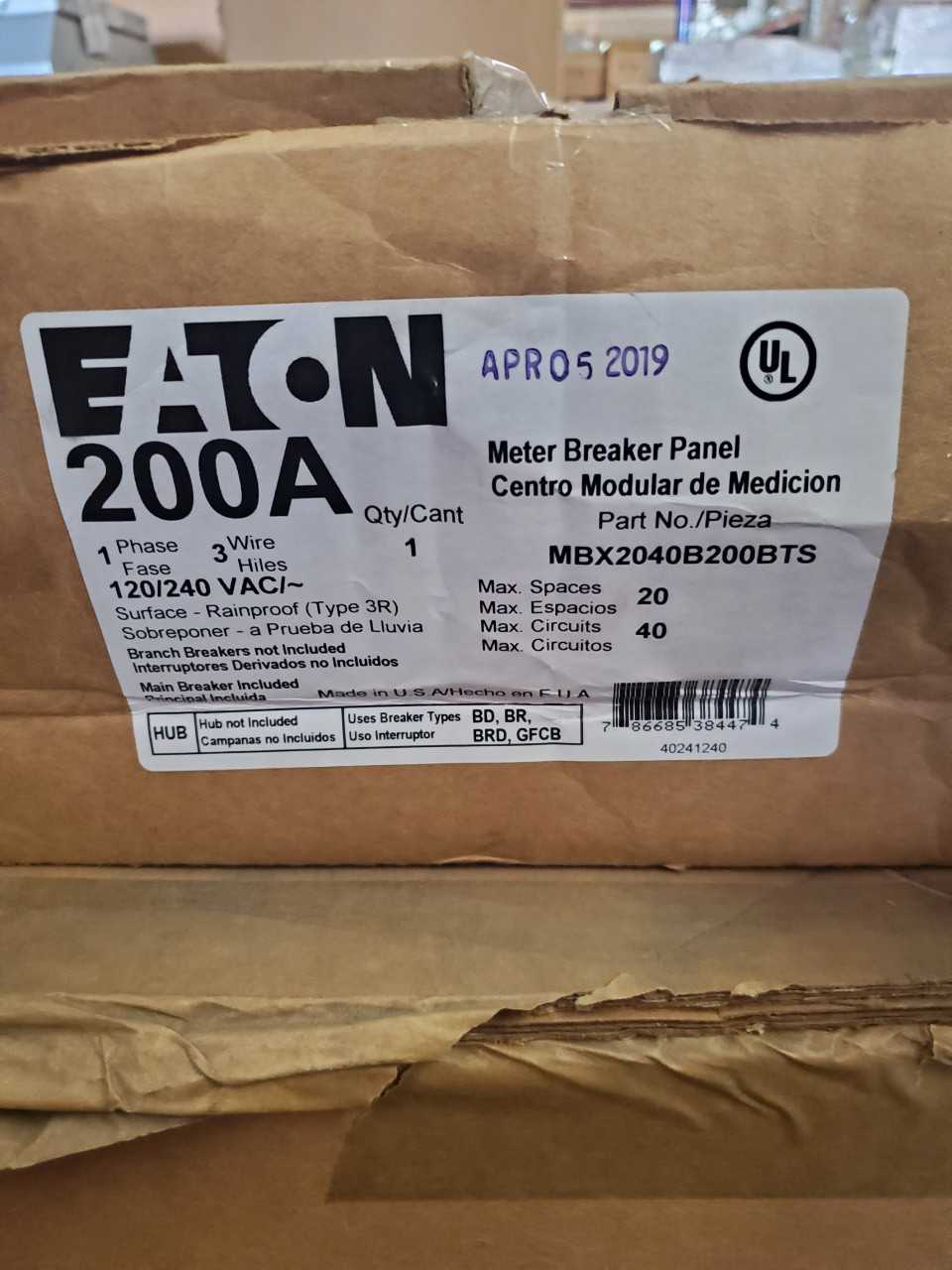 (1) Eaton MBX2040B200BTS Meter Breaker 200A 120/240VAC 1Ph 3Wire 4Jaws NEMA Type 3R 20 Spaces, 40 Circuits - CIRCUIT BREAKERS