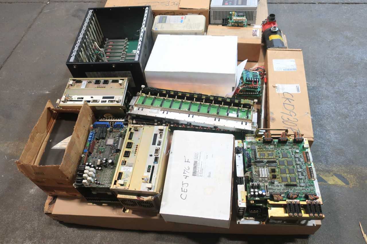 2 PALLETS OF ASSORTED ELECTRICAL CHASSIS RACK, SERVO PACK, SERVO CONTROLLER, PRESSURE SWITCH, POWER SUPPLY CONT, SERVO DRIVE, FLOW METER, MOTOR DRIVE- YASKAWA, ALLEN BRADLEY, DOMINO, FANUC, OMRON, DANFOSS, PHOENIX CONTACT - SERVO