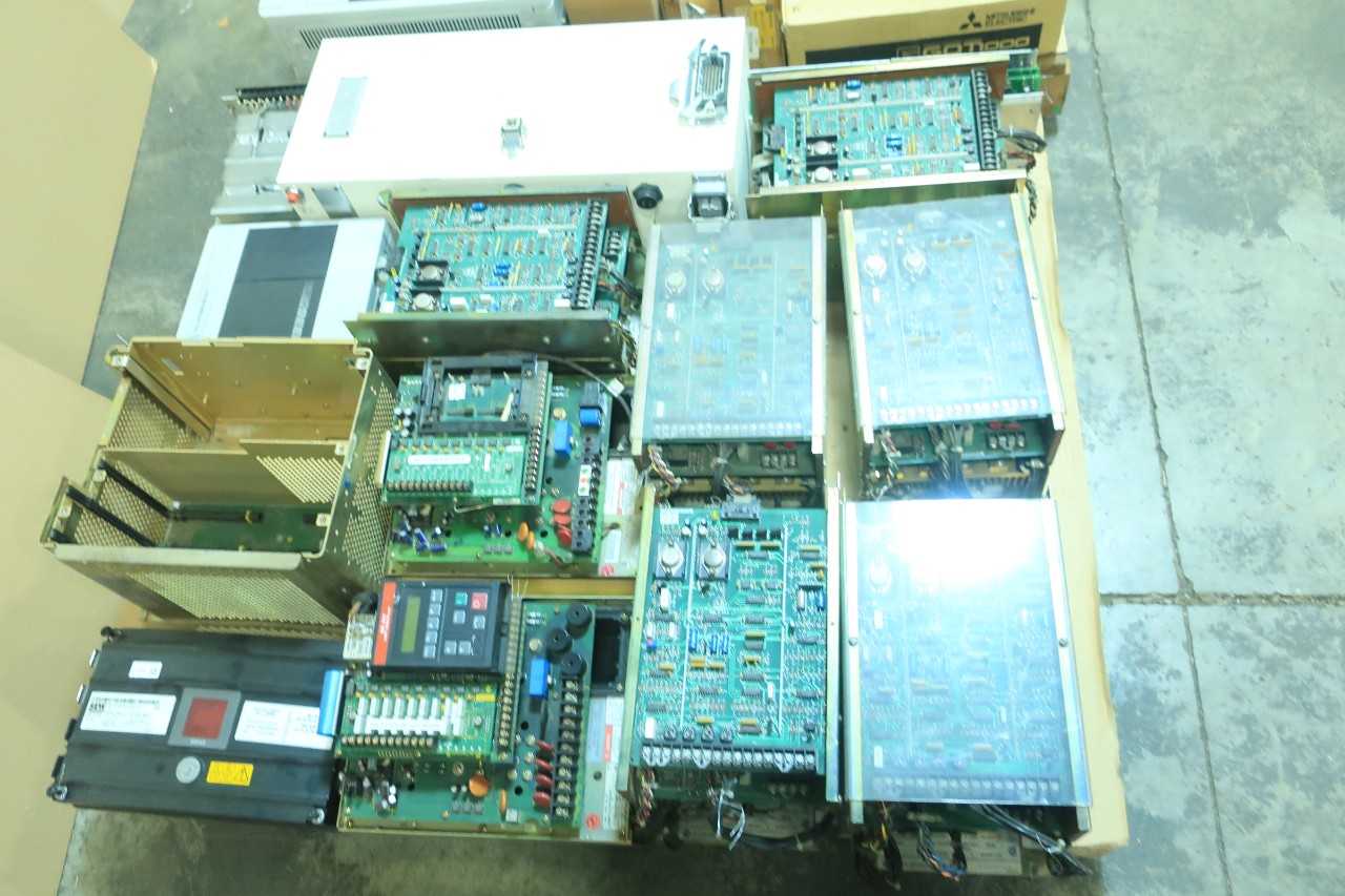 2 PALLETS OF ASSORTED ELECTRICAL SERVO DRIVE, CONTROLS, WIND TURBINE CONTROLS, POWER SUPPLY CONTROLS, MODULE CONTROLS, CIRCUIT BOARD CONTROLS, CHASSIS RACKS, MOTOR DRIVE, OPERATOR INTERFACE PANEL- MITSUBISHI, ALLEN BRADLEY, WOODWARD, TEXAS INSTRUMENTS, YA - AUTOMATION & CONTROLS