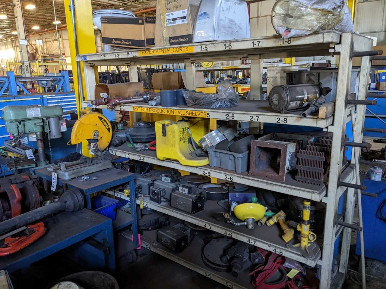 4 SHELVES WITH CONTENTS, ASSORTED VALVES, REGULATORS, PLUMBING, FLANGES, BRADY, POSI-FLATE (SOME NEED REPAIR) - INDUSTRIAL PARTS