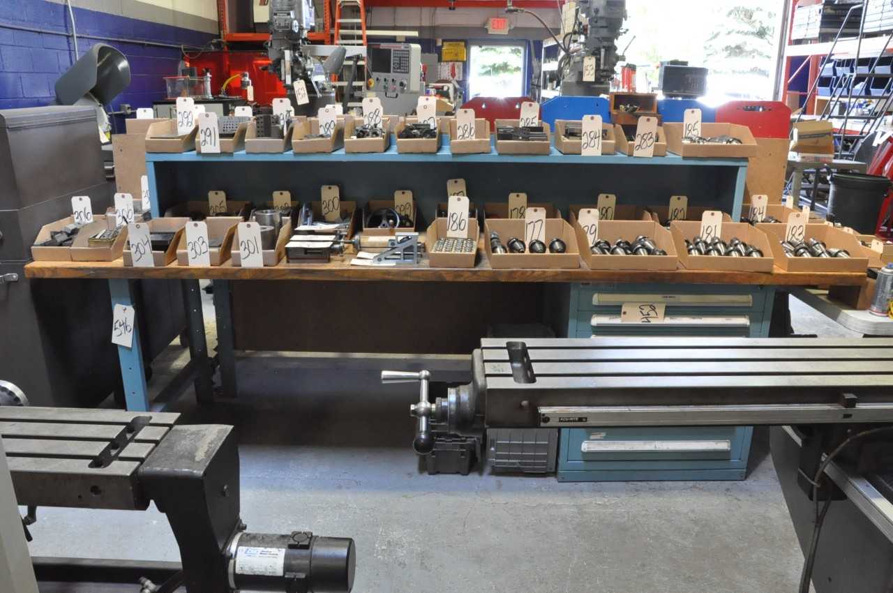 120" Wood Bench Top, (Contents and Tooling Cabinets Not Included), (Not to Be Removed Until Empty) - TOOL STORAGE