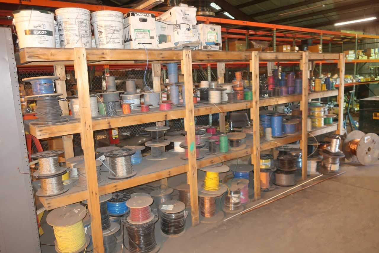 CONTENTS OF ENTIRE SHELF, LOT OF SPOOLS OF WIRE - ELECTRICAL COMPONENTS
