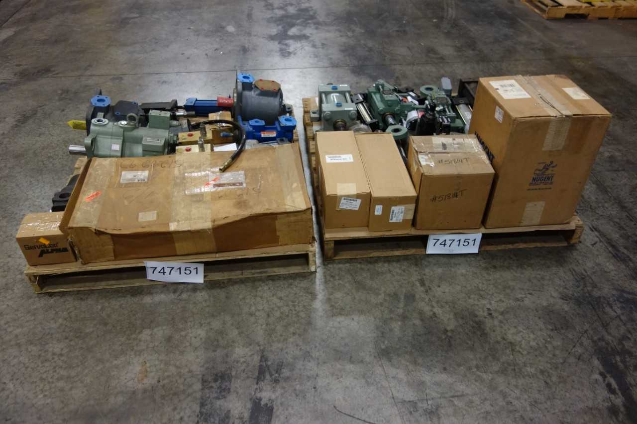 2 PALLETS OF ASSORTED VALVES, CYLINDERS, HOSES, PUMPS, MOTORS- BOSCH, PALL, PARKER, TOKIMEC - ELECTRIC POWER TOOLS