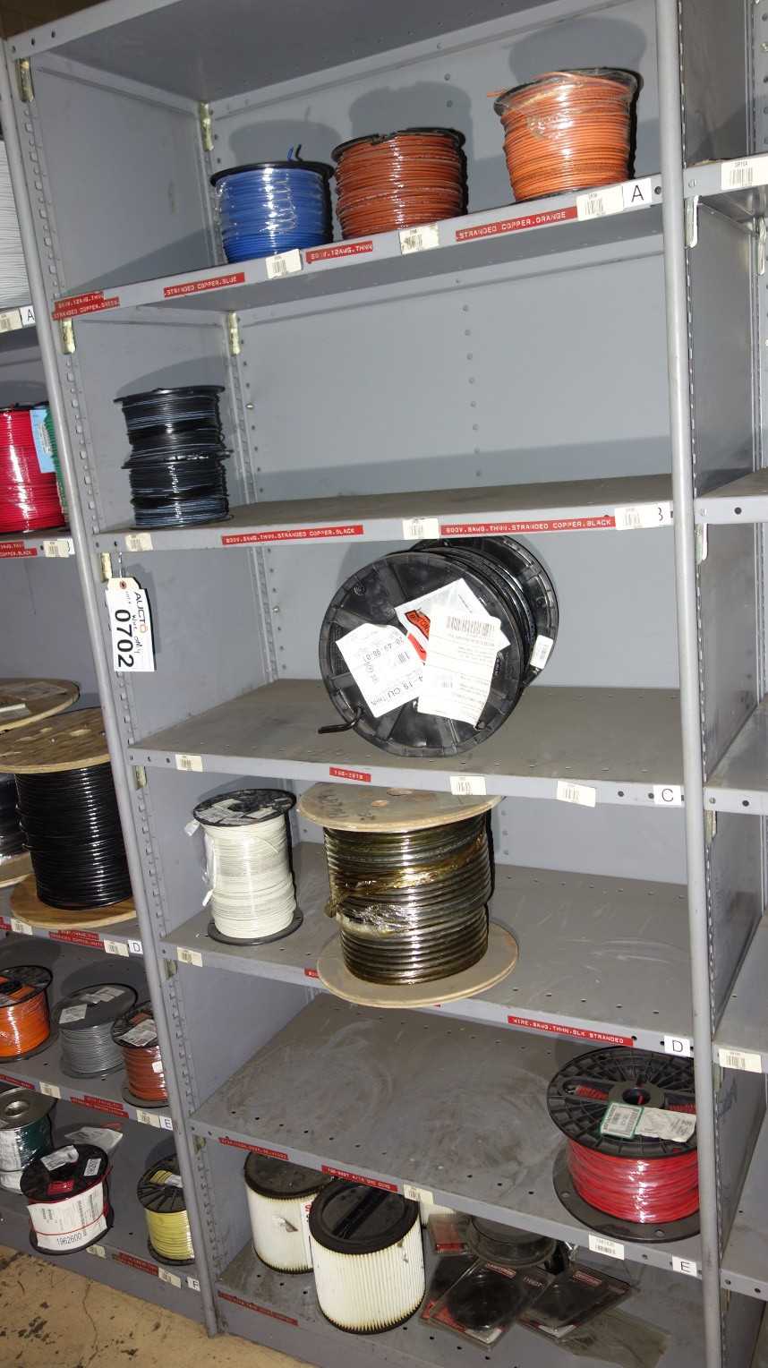 CONTENTS OF 2 SHELF COLUMNS, ASSORTED SPOOLS OF WIRE - INDUSTRIAL PARTS