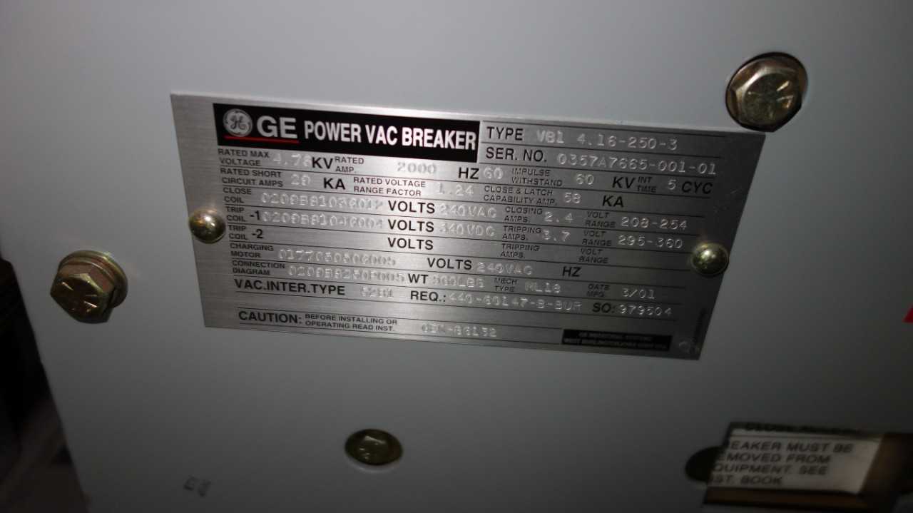 GE 2000Amp VACUUM BREAKER POWER VAC VB1 4.16-250-3 (BREAKER ONLY) - CIRCUIT BREAKERS