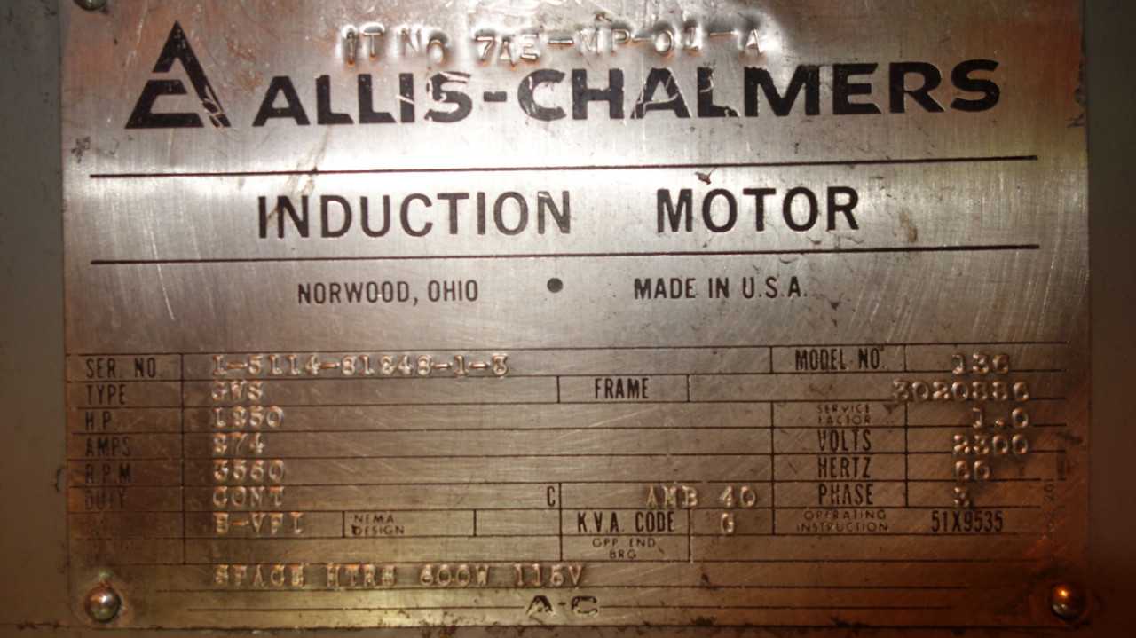 ALLIS CHALMERS 136 GWS 1250HP AC MOTOR 2300V 3020SS6 - MISCELLANEOUS