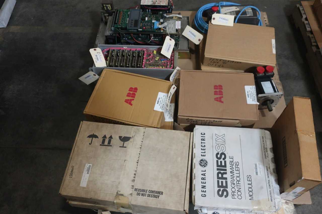 1 PALLET OF ASSORTED ELECTRICAL CIRCUIT BOARDS, MODULE CONTROLS, PENDANT ROBOT, MOTOR DRIVE, SERVO MOTOR- ABB, ALLEN BRADLEY, PARKER, GENERAL ELECTRIC - AUTOMATION & CONTROLS