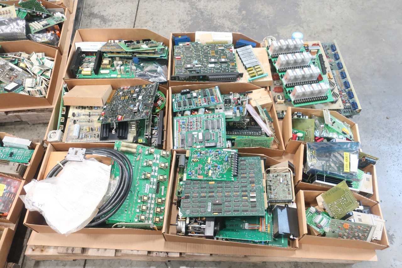 3 PALLETS OF ASSORTED ELECTRICAL CIRCUIT BOARDS, RELAYS- MITSUBISHI, ALLEN BRADLEY, BAILEY - ELECTRICAL COMPONENTS