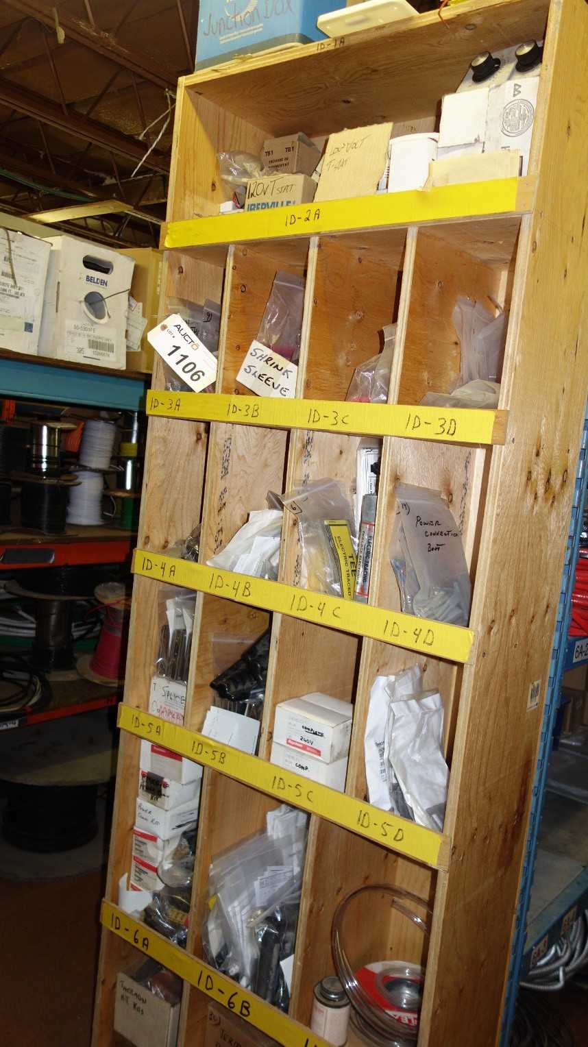 CONTENTS OF PIGEON HOLE CABINET, ASSORTED ELECTRICAL HEATING COMPONENTS, SPLICE KITS, THERMOSTAT, INSULATION SLEEVES, RAYCHEM - ELECTRICAL COMPONENTS