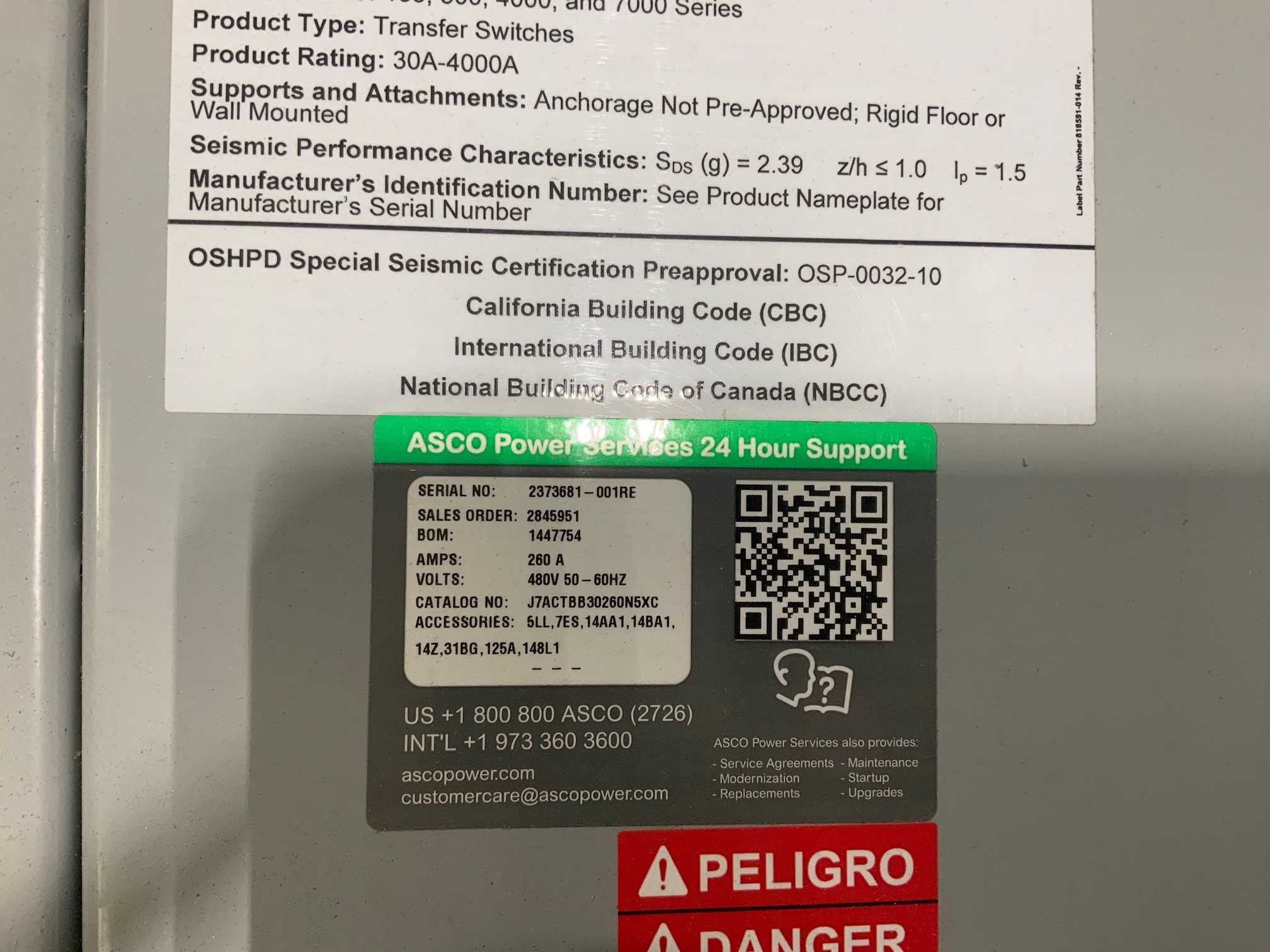 2021 ASCO 260A 480V Transfer Switch - ELECTRICAL COMPONENTS