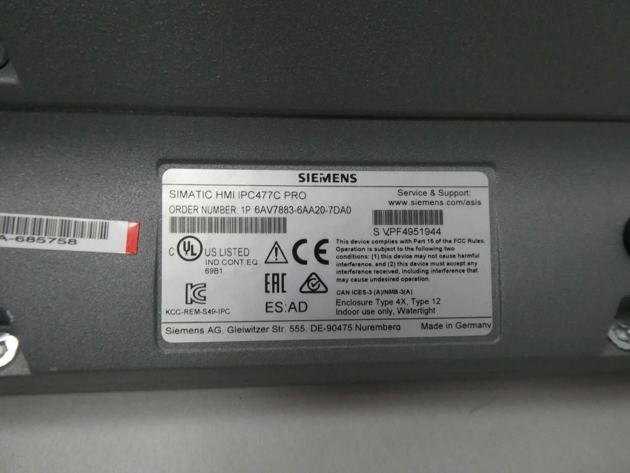 SIEMENS IPC477C 6AV7883-6AA20-7DA0 OPERATOR INTERFACE PANEL - AUTOMATION & CONTROLS