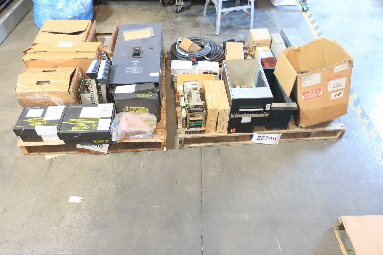 2 PALLETS OF ASSORTED ELECTRIC SWITCH CONTROLS, SERVO DRIVE, CABLE-WIRE CONTROLS, POWER SUPPLY CONT, SERVO MOTOR, MOTOR DRIVE, CIRCUIT BOARD CONTROLS, MODULES- WESTINGHOUSE, BOC EDWARDS, ALLEN BRADLEY, BAILEY, ABB, UNITED ELECTRIC, GOULD, TOBISHA - AUTOMATION & CONTROLS