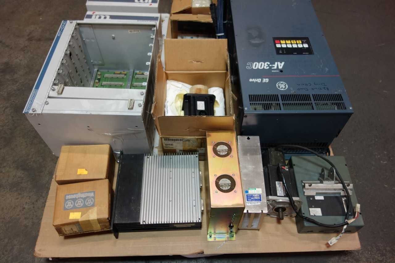 1 PALLET OF ASSORTED ELECTRICAL- RELAYS, AC MOTOR DRIVE, SERVO MOTOR- WESTINGHOUSE, INDRAMAT, GENERAL ELECTRIC - ELECTRIC MOTORS