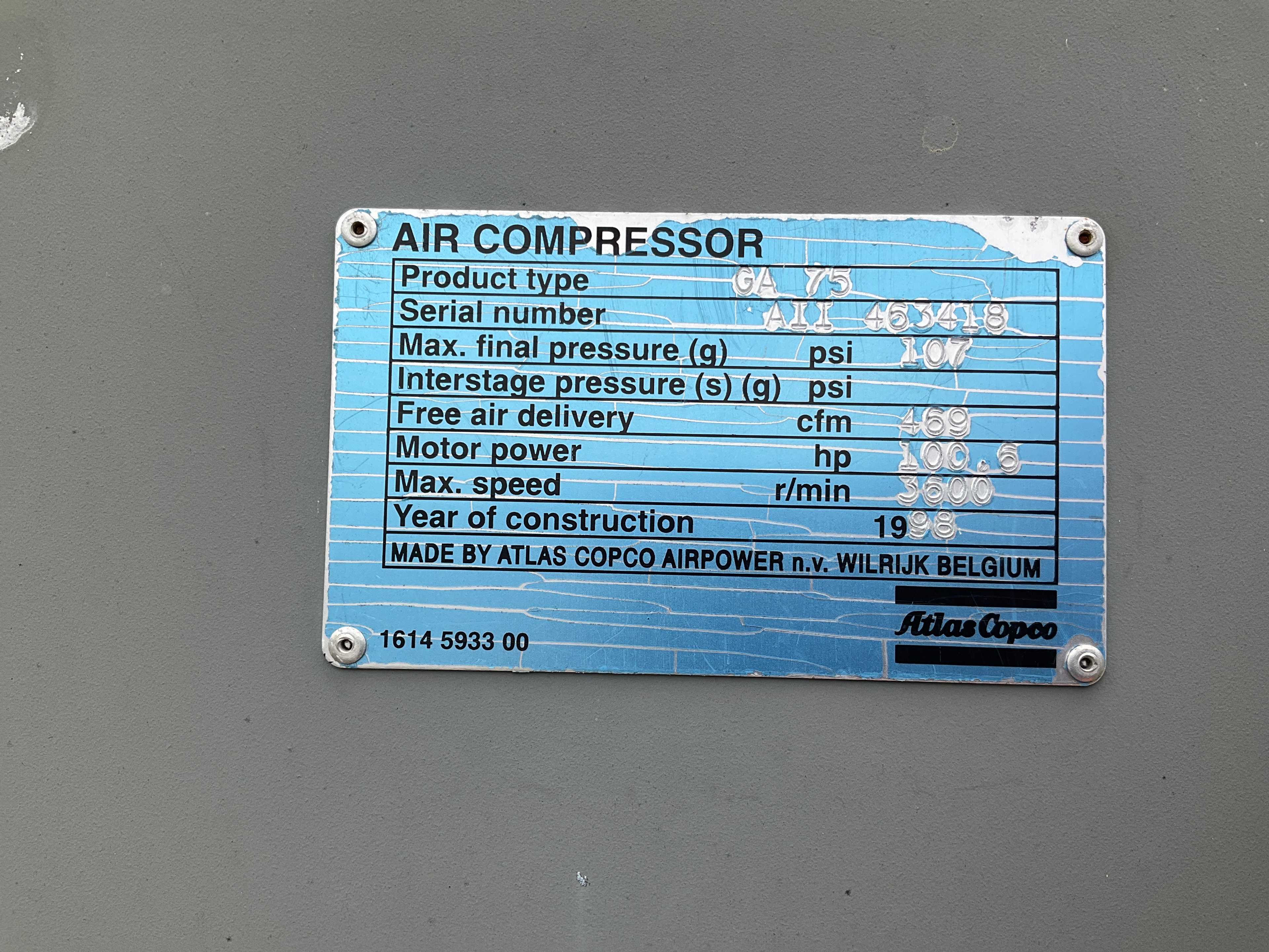 ATLAS COPCO GA75 STATIONARY AIR COMPRESSOR - STATIONARY AIR COMPRESSOR