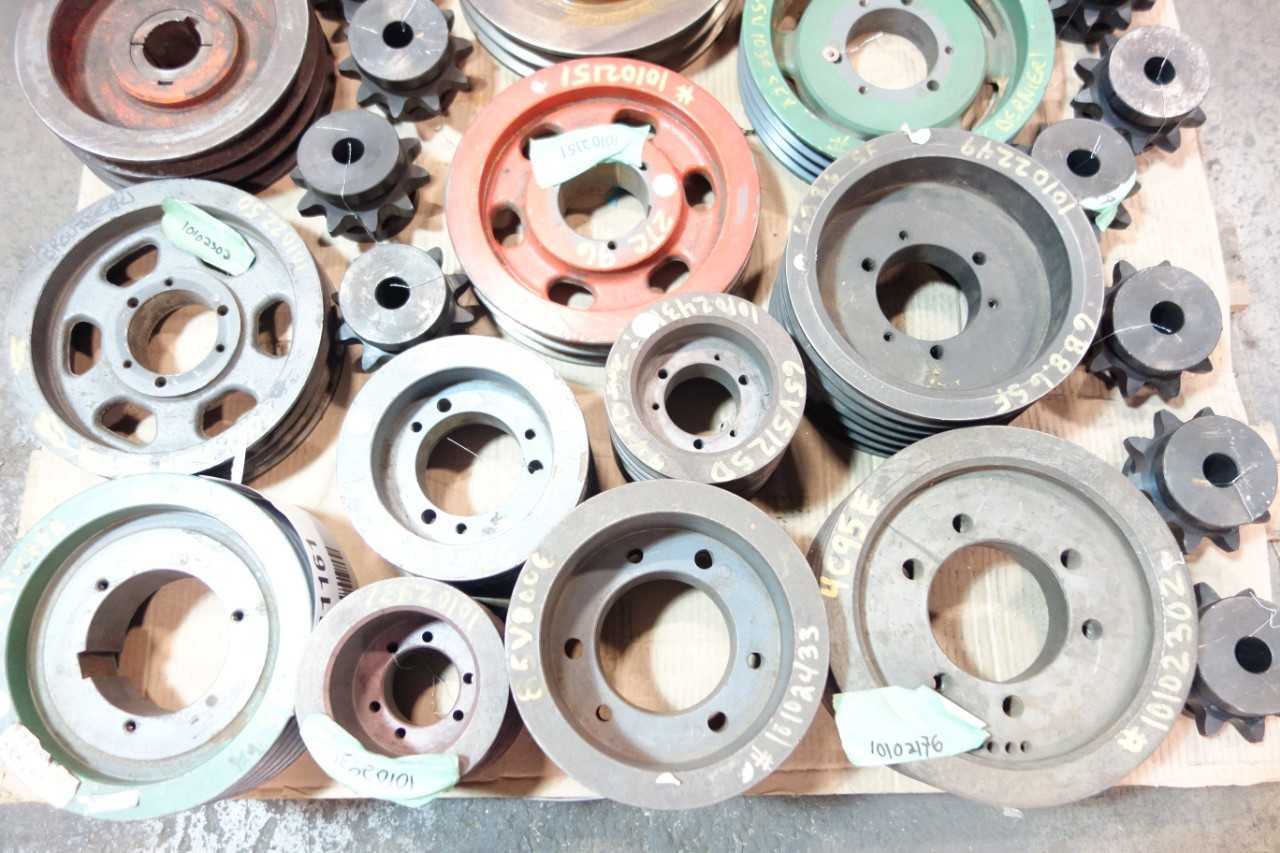 1 PALLET OF ASSORTED SINGLE ROLLER CHAIN SPROCKETS, V- BELT SHEAVES, MITER GEAR- BROWNING, MAUREY - ROLLER CHAIN