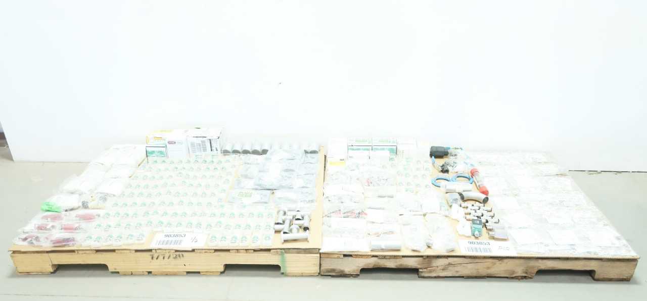 2 PALLETS OF ASSORTED PIPE ELBOWS, PIPE FITTINGS, VALVE ACTUATOR MOUNTING KITS, NEEDLE VALVES, SOLENOID VALVES, VALVE REPAIR KITS, PIPE PLUGS - VALVES