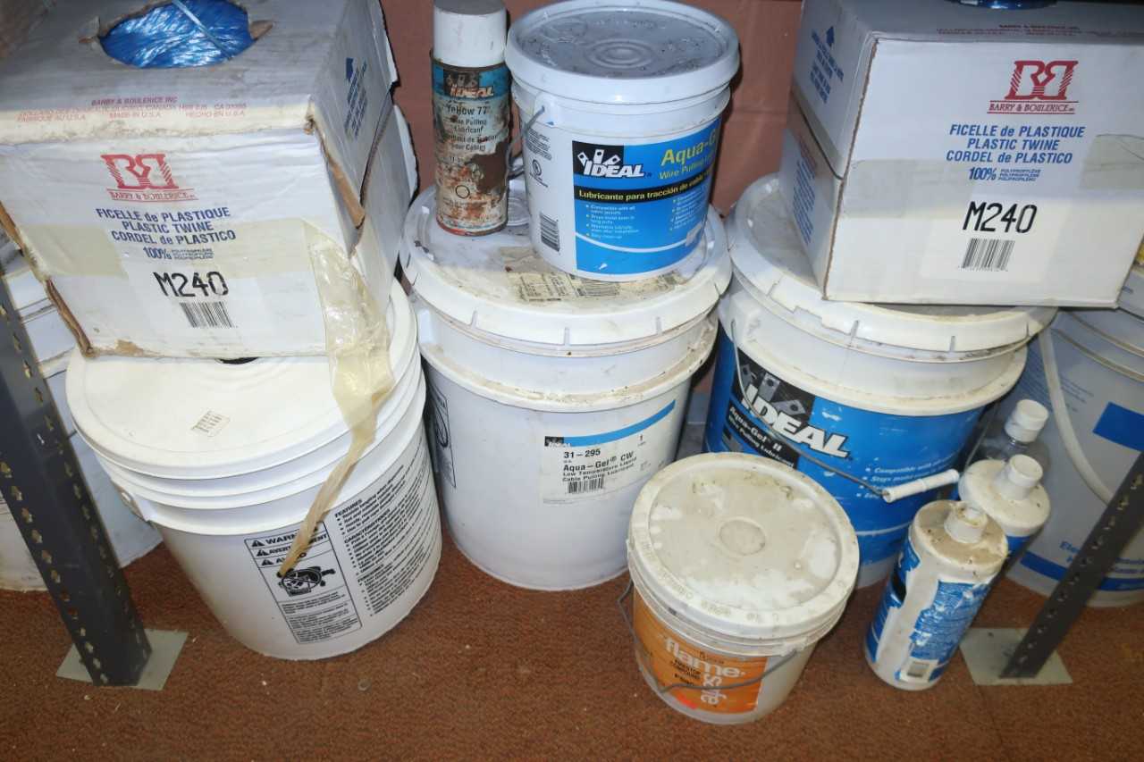 CONTENTS OF SHELF, ASSORTED CABLE PULLING SUPPLIES, LUBRICANT, PULL LINE, CONNECTOR - ELECTRICAL COMPONENTS