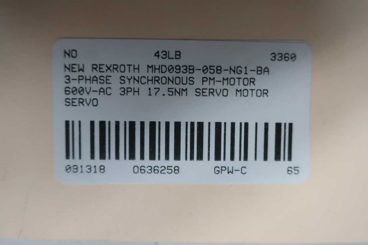 NEW REXROTH MHD093B-058-NG1-BA 3-PHASE SYNCHRONOUS PM-MOTOR 3PH 17.5NM 600V-AC SERVO MOTOR - ELECTRIC MOTORS