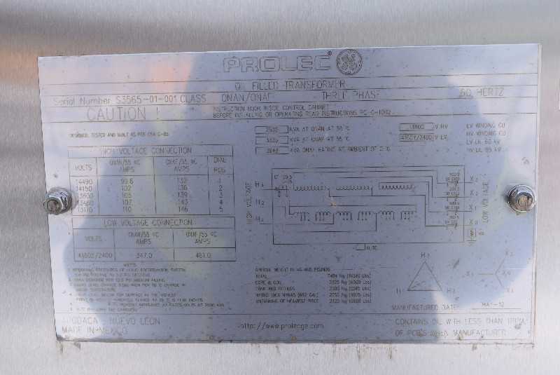 GENERAL ELECTRIC PROLEC ONAN/ONAF OIL FILLED TRANSFORMER 2500/3325/2948KVA 13800VAC HV 480Y/277VAC LV 3PH - MISCELLANEOUS