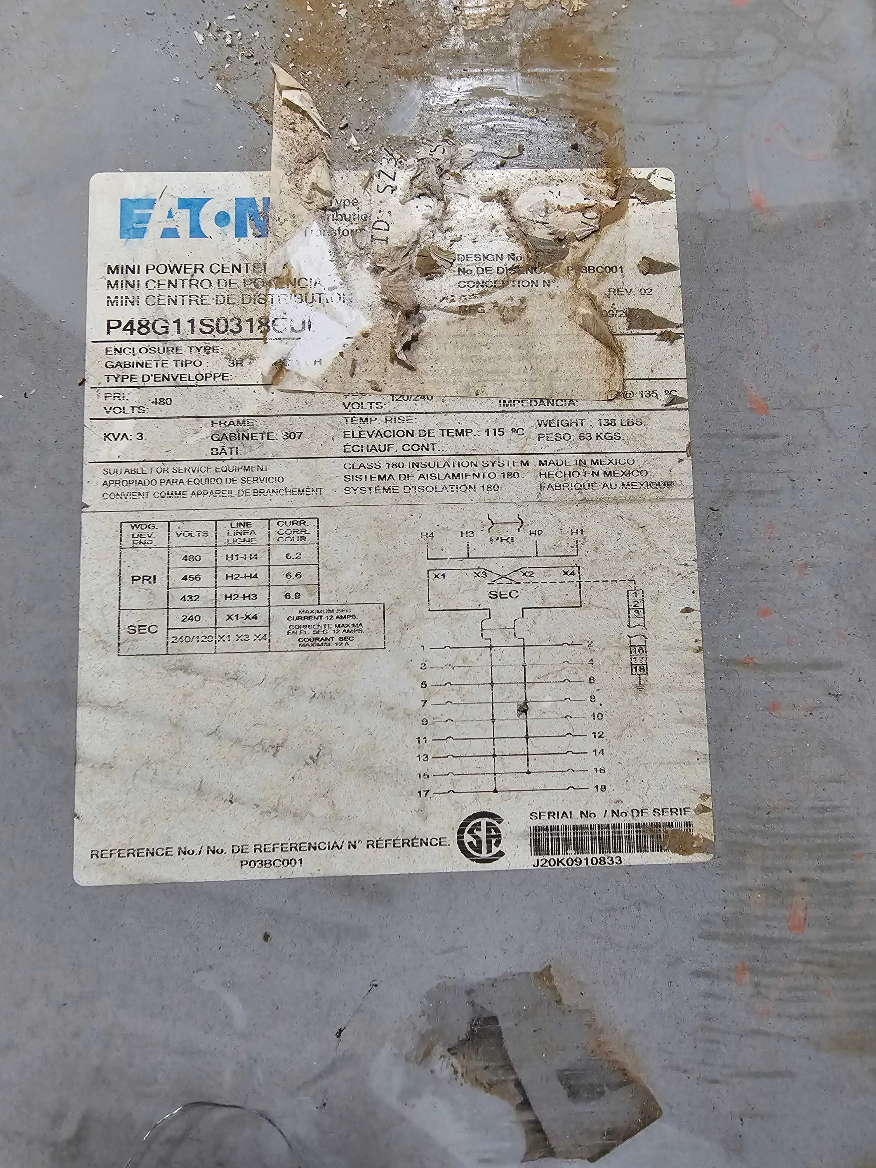 EATON P48G11S0318CUB MINI POWER CENTER TRANSFORMER/PANEL - ELECTRICAL COMPONENTS