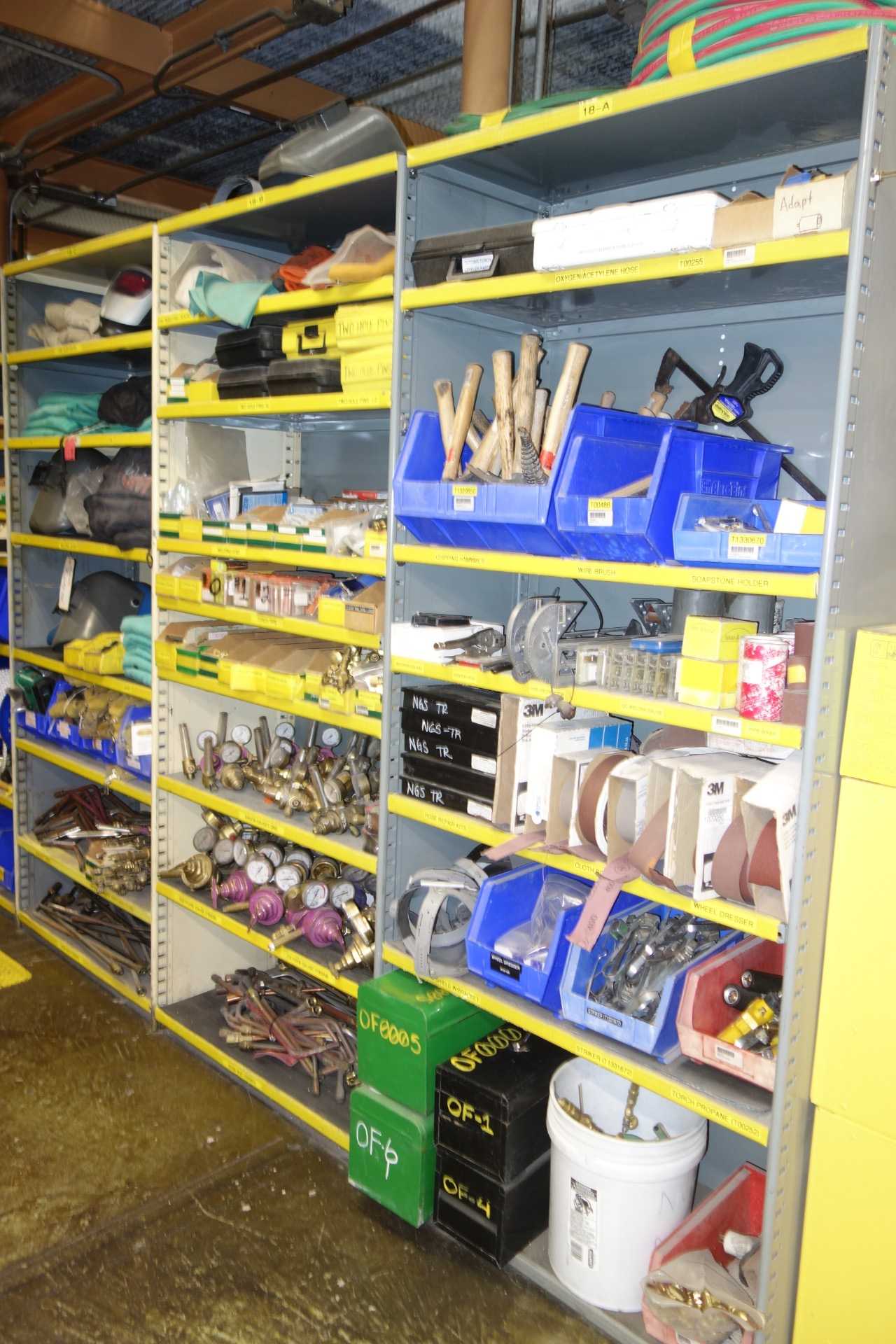 Contents of 3x Shelving - Assorted Welding Jackets, Goggles, Torches, Gauges, Tools - SHELVING
