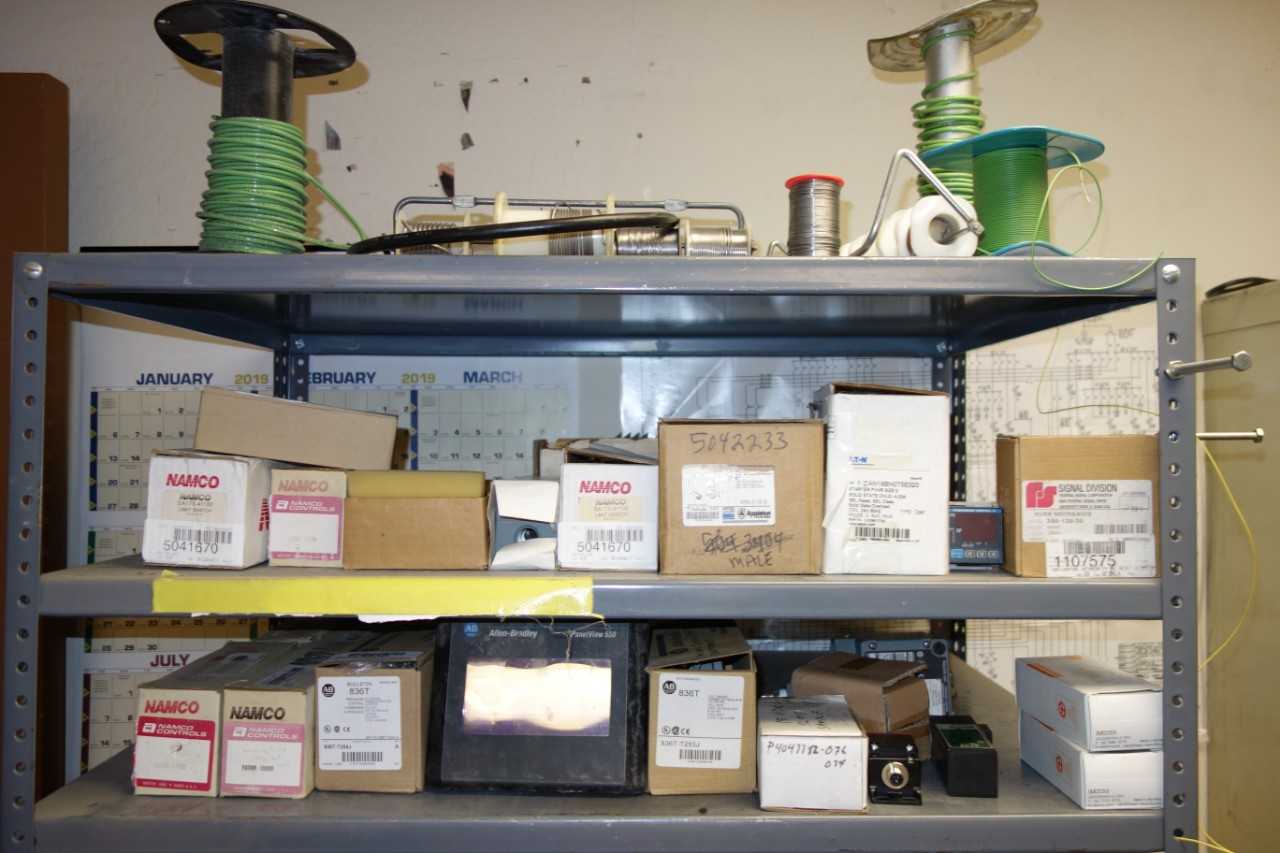 Lot of 2 Shelving Sections, Contents Only - Assorted Electrical Switches, Breakers, Starters, Controls, Circuit Boards, Transformers - ELECTRICAL COMPONENTS