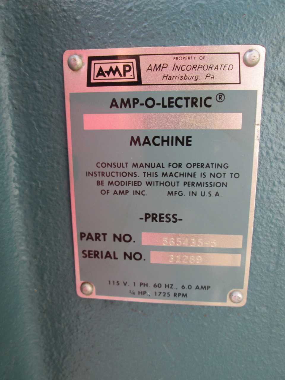 AMP Amp-O-Lectric K Press  Wire Terminating Crimper Machine - PROCESS EQUIPMENT