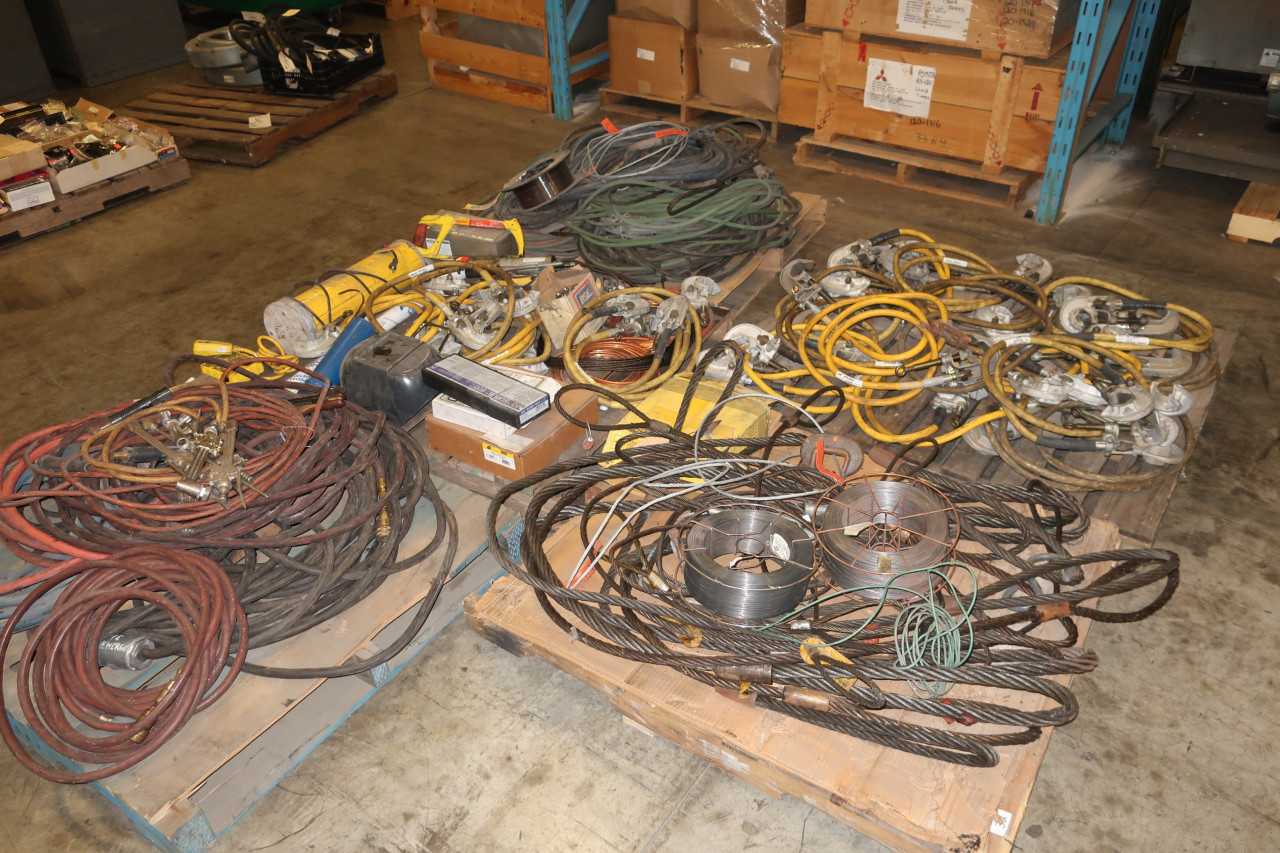 5 PALLETS OF ASSORTED WELDING EQUIPMENT HOSES ELECTRODES MIG WIRE TORCHES - WELDING EQUIPMENT